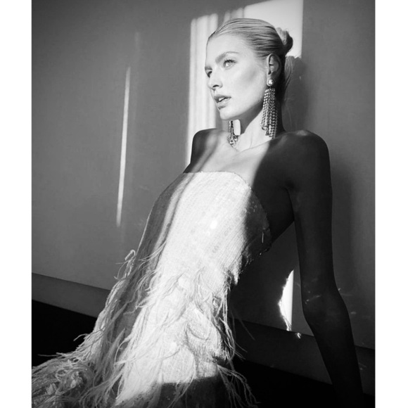 NWT‎ RETROFETE Hand Stitched Sequin Ostrich Feather Trim Strapless Mini Dress S - Picture 3 of 11